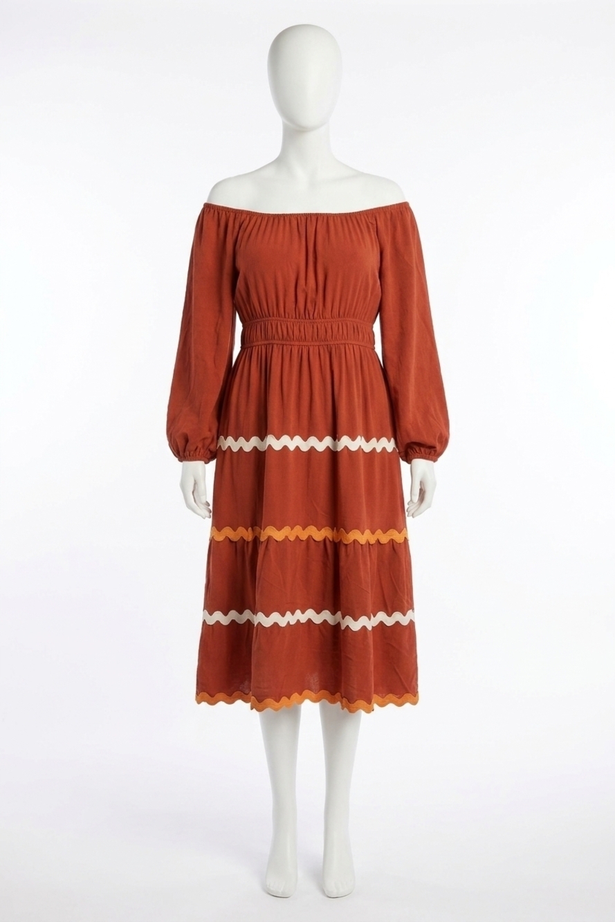 NEW SHE + SKY women's long sleeve woven tiered ric rac trim dress - plus in rust